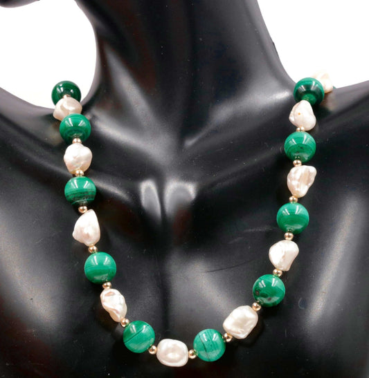 14K Gold Malachite with Baroque Pearl Beaded Necklace - Taj Mahal Gems