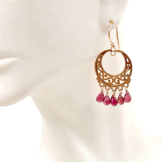 14KT YG Rubilite Tourmaline Long Drop Earrings - Taj Mahal Gems