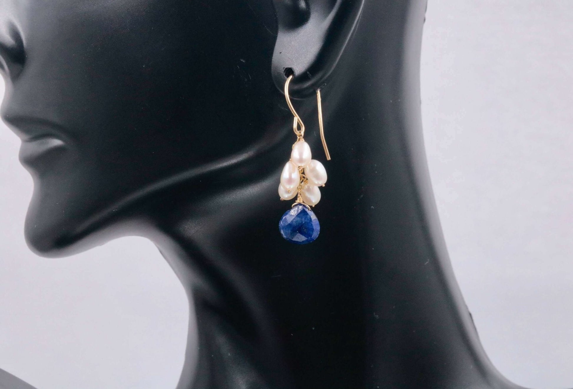 14KY Gold Blue Sapphire with Pearl Drop Earrings - Taj Mahal Gems