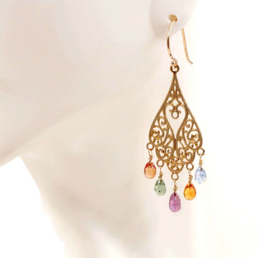 14KY Multi Color Sapphire Drop Earrings - Taj Mahal Gems