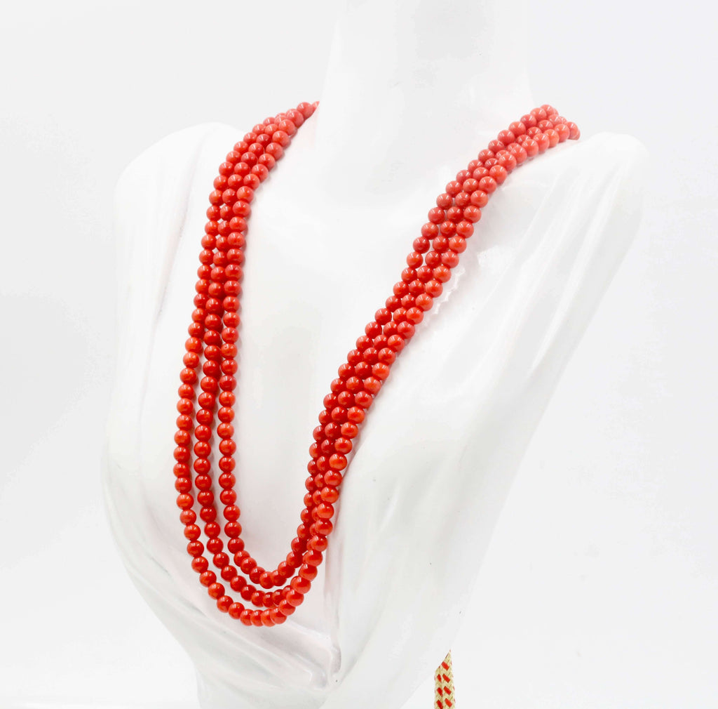 Natural Orange Coral Jewelry - Long Necklace with Multi-strands for White Sweater