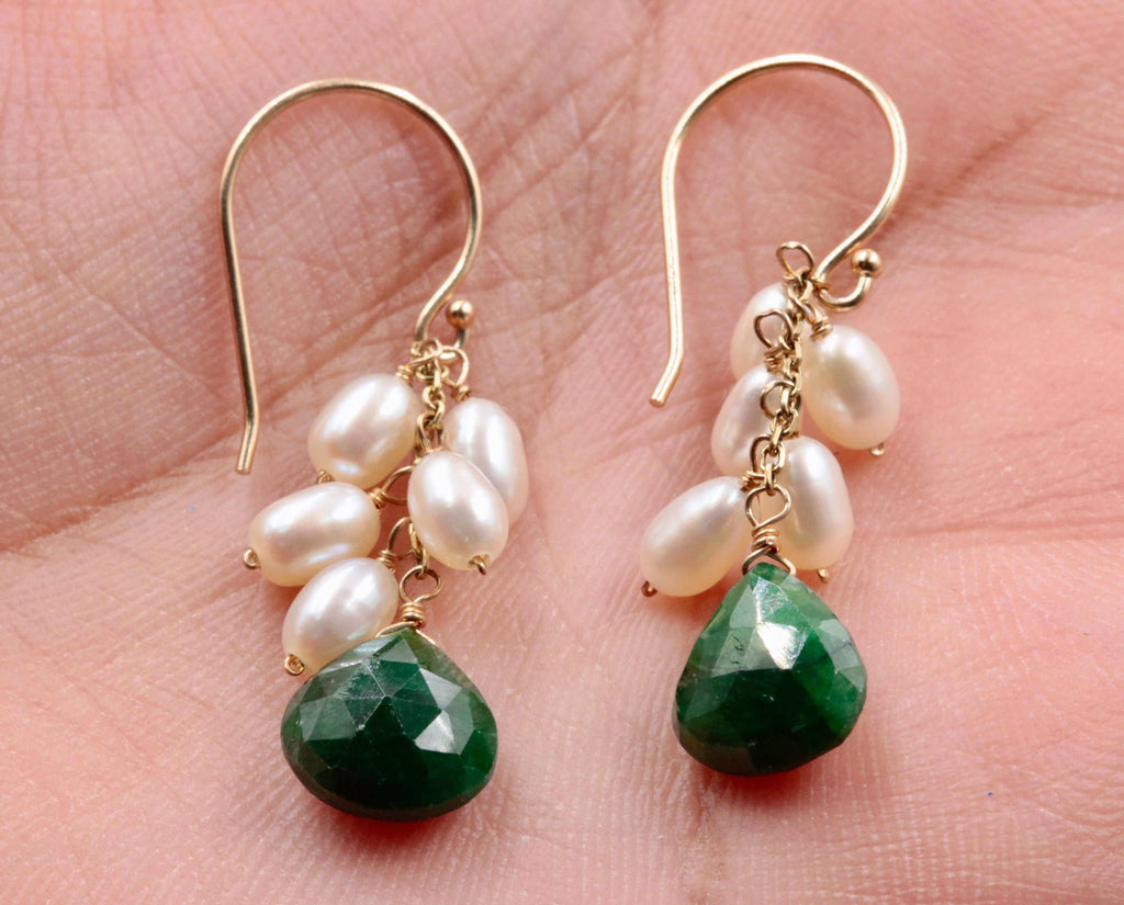 14K Gold Earrings with Natural Emerald & Pearl
