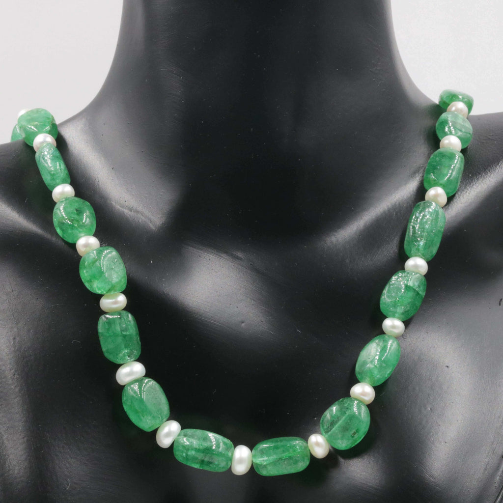 Pearl & Natural Emerald Long Necklace in Indian Tradition