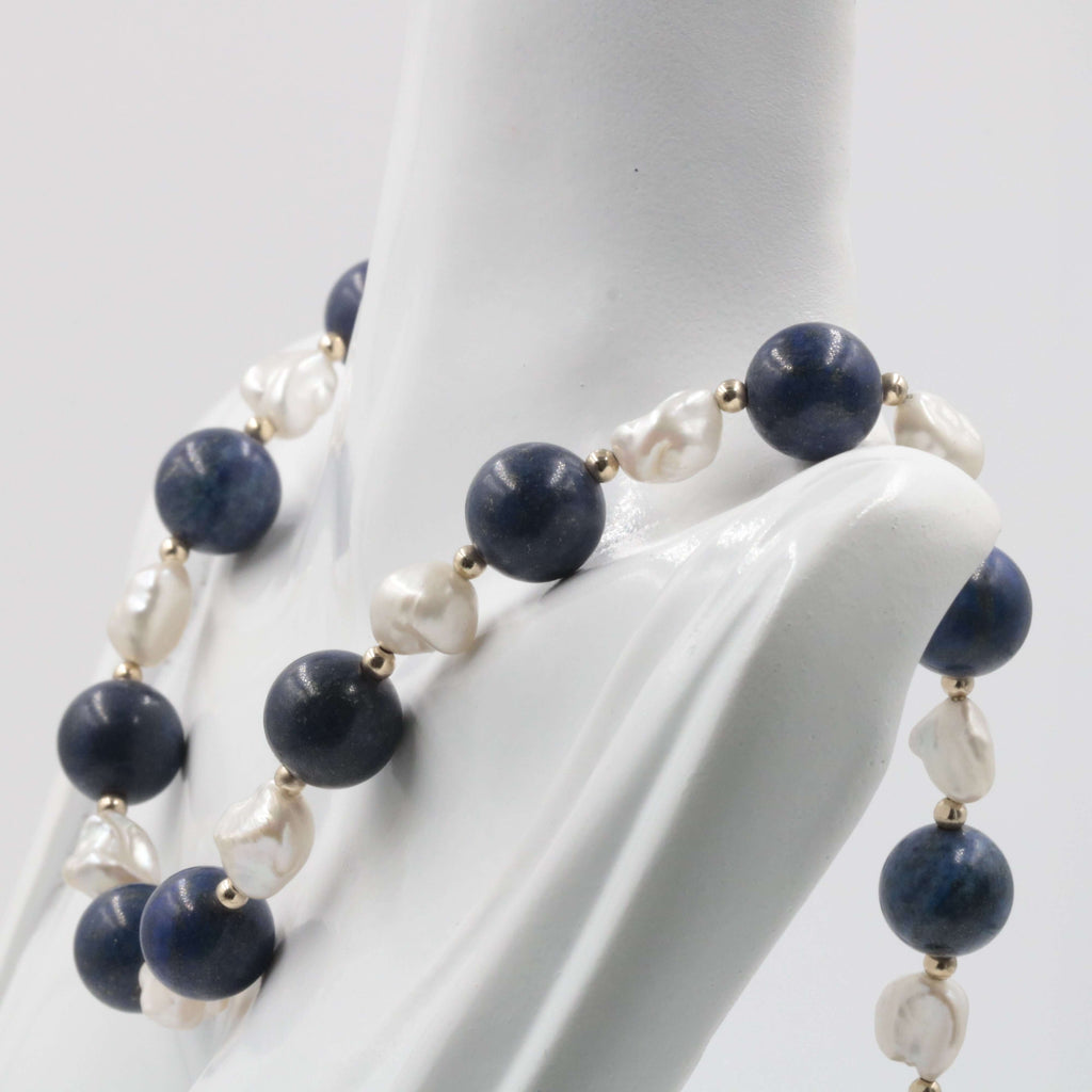 Solid Gold, Baroque Pearl, Lapis Lazuli Bead Necklace