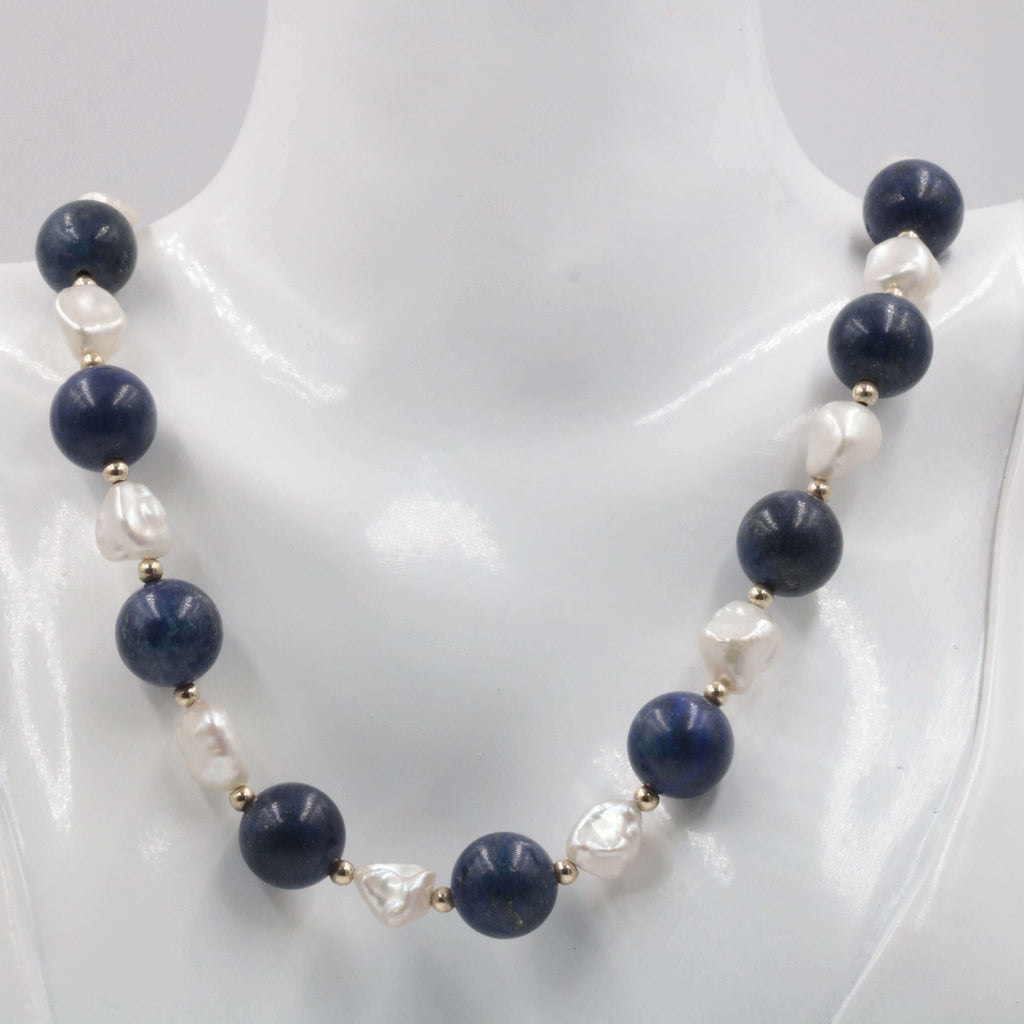 14K Gold Lapis Lazuli & Baroque Pearl Necklace