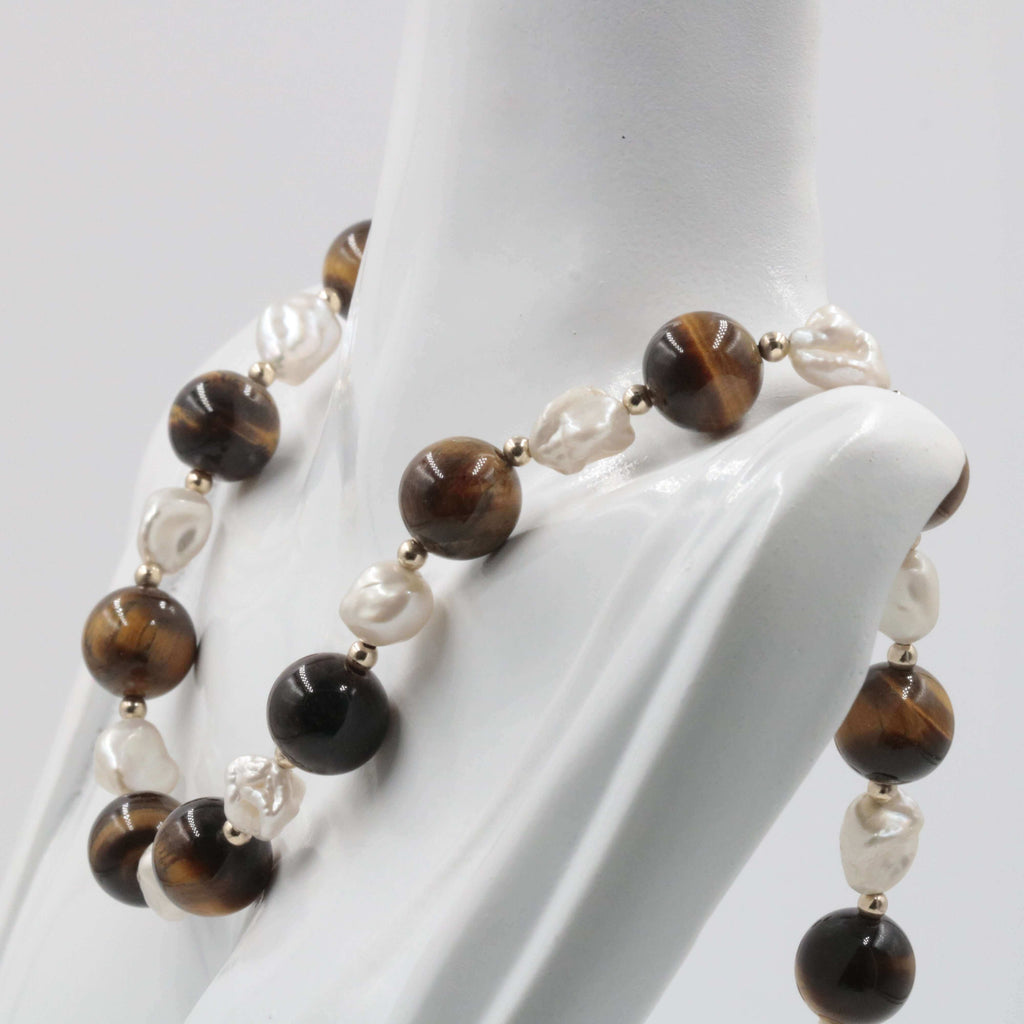 Handcrafted Gold, Tiger's Eye & Pearl Beaded Necklace Design