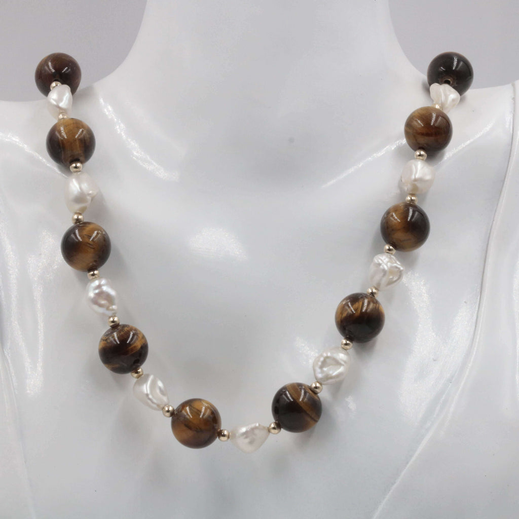 Solid Gold, Baroque Pearl, Tiger's eye Quartz Bead Necklace
