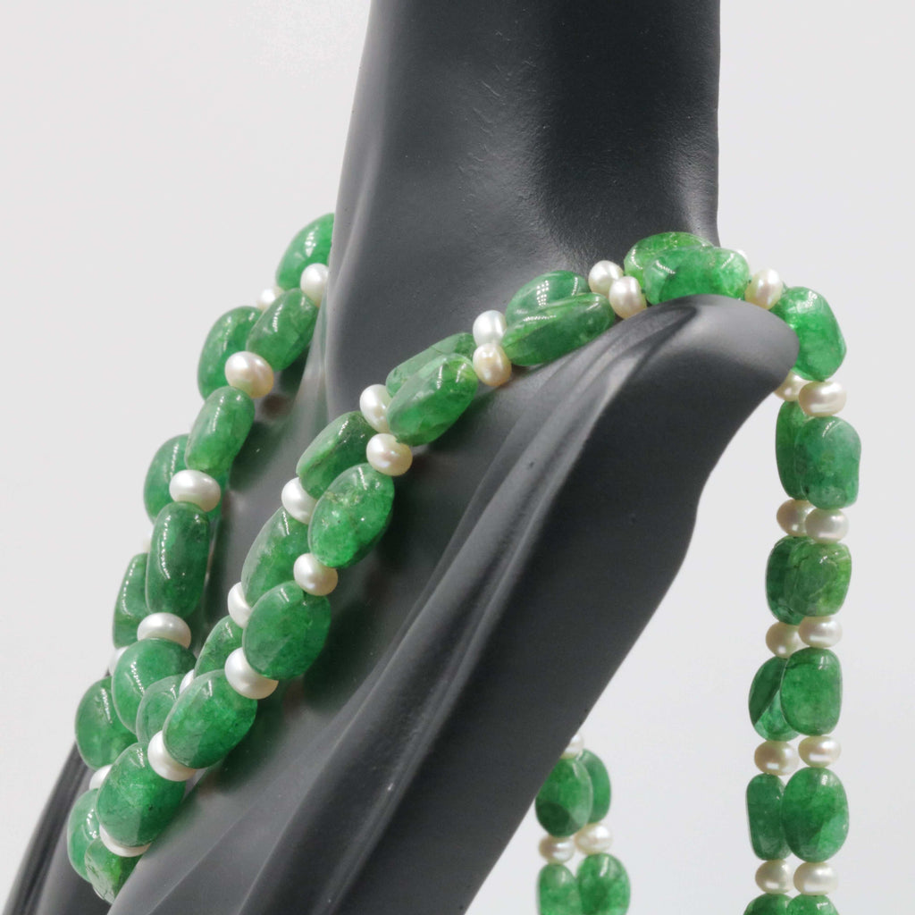 Layered Freshwater Pearls & Natural Emerald in Indian Necklace