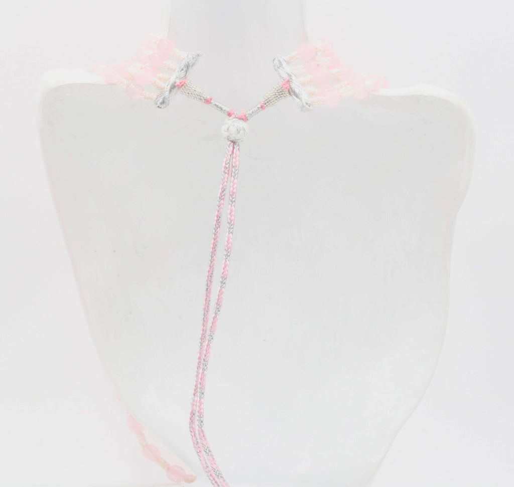 Long & Layered Rose Quartz Necklace with Indian Style