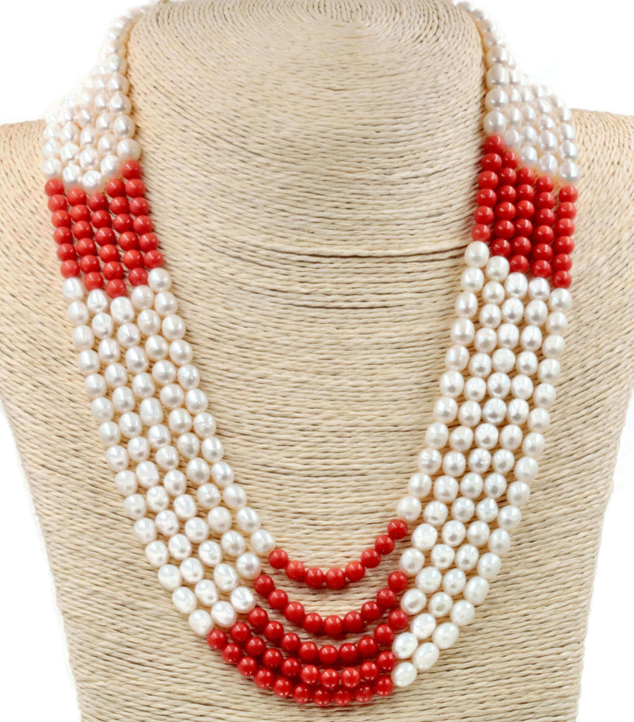 White Pearl & Red Coral Necklace Indian Jewelry