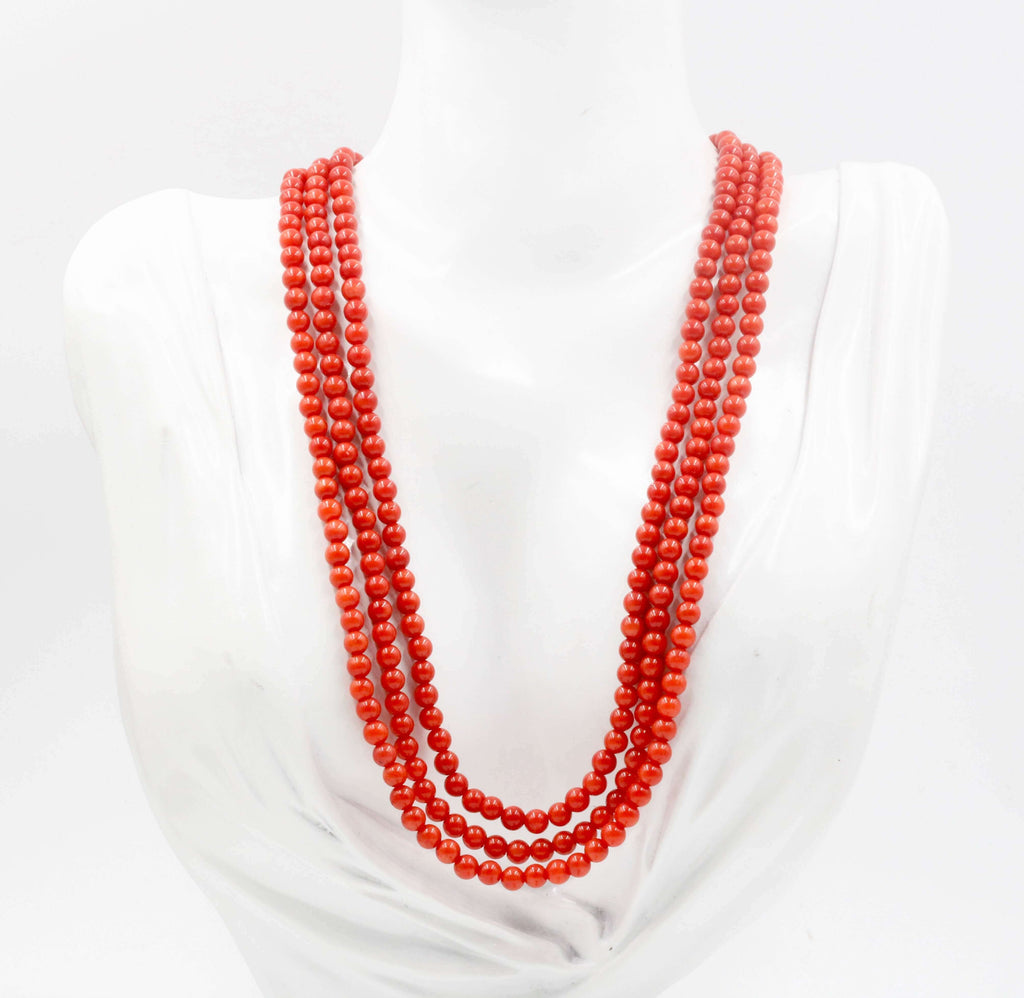 Natural Orange Coral Jewelry - Long Necklace with Multi-strands for Red Dress