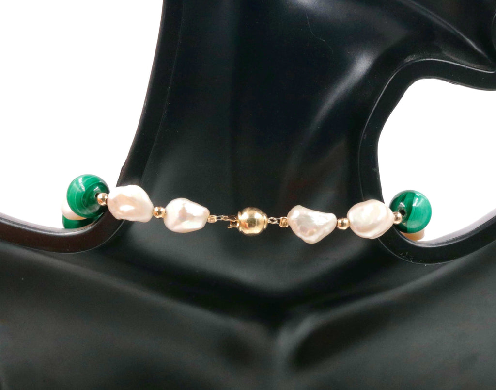 Solid Gold, Baroque Pearl, Malachite Bead Necklace
