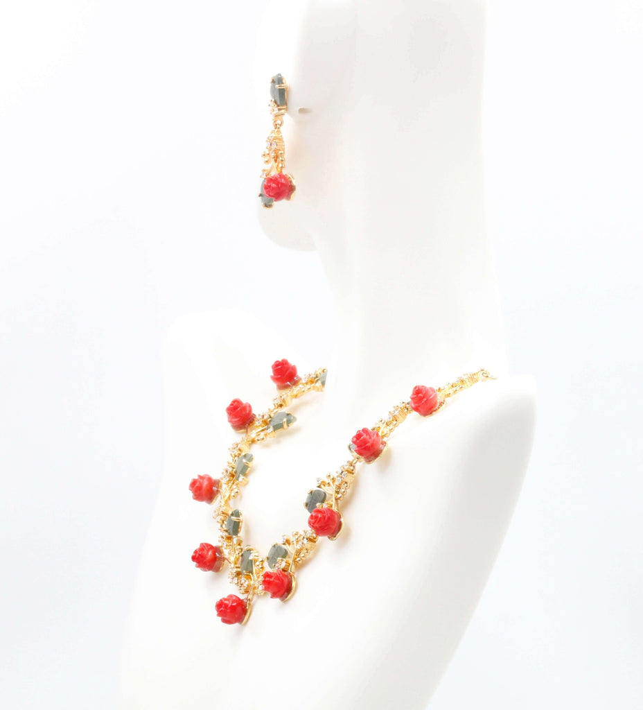 Natural Red Coral Necklace and Earrings Set