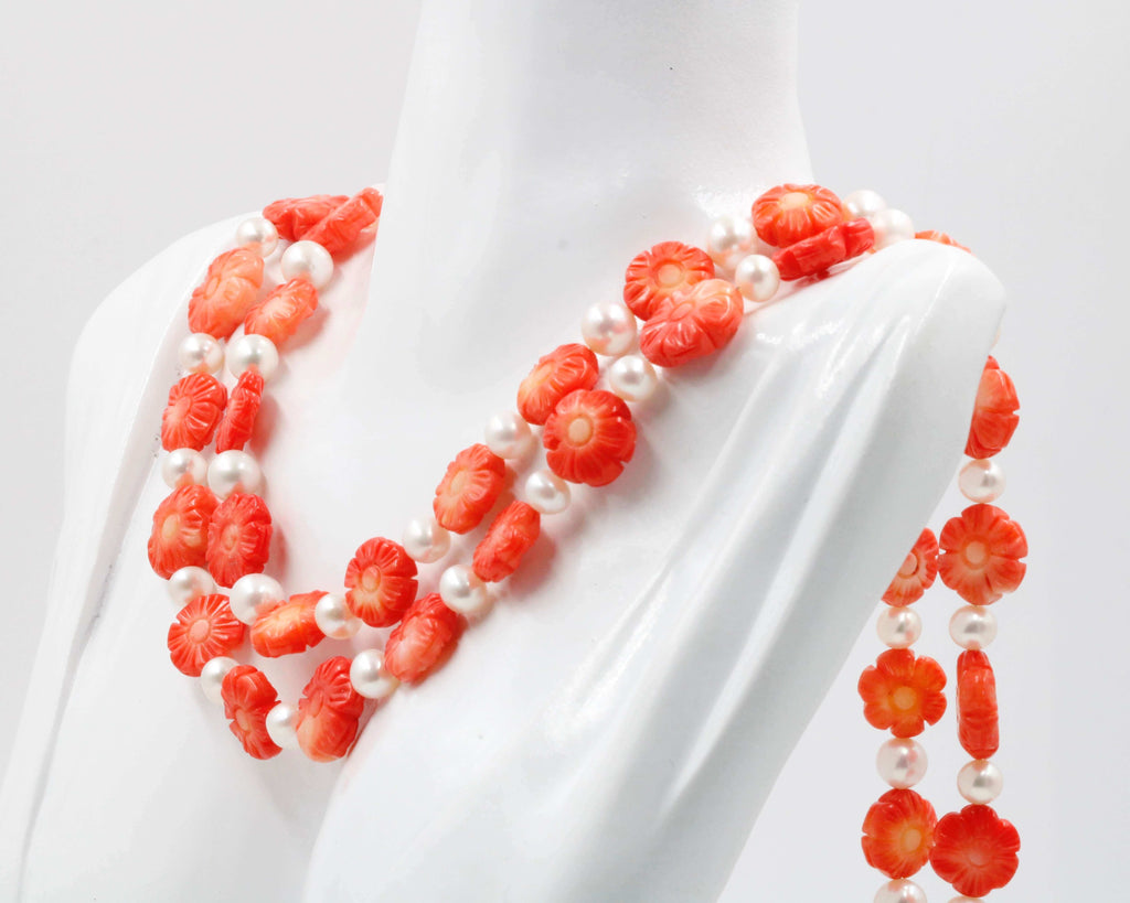 Cultured Pearls and Coral Sarafa Indian Necklace