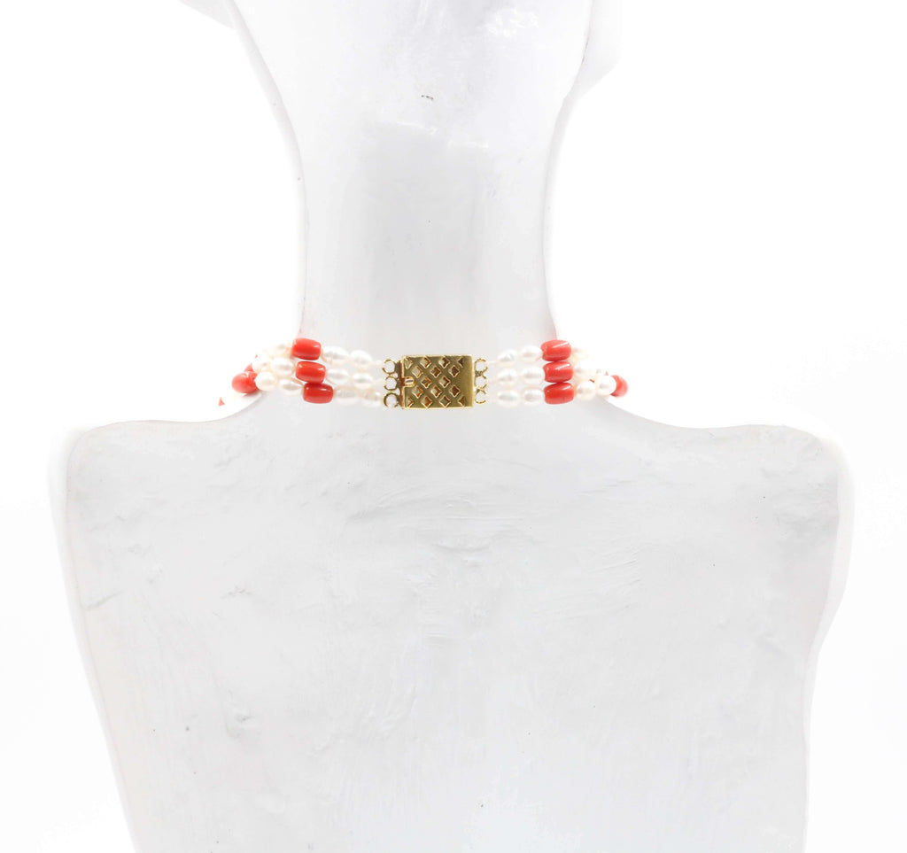 Natural Orange Coral & Cultured Pearl Beads Long Necklace