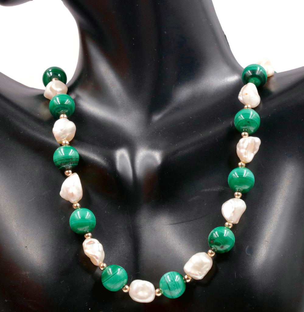 14K Gold Malachite and Baroque Pearl Necklace