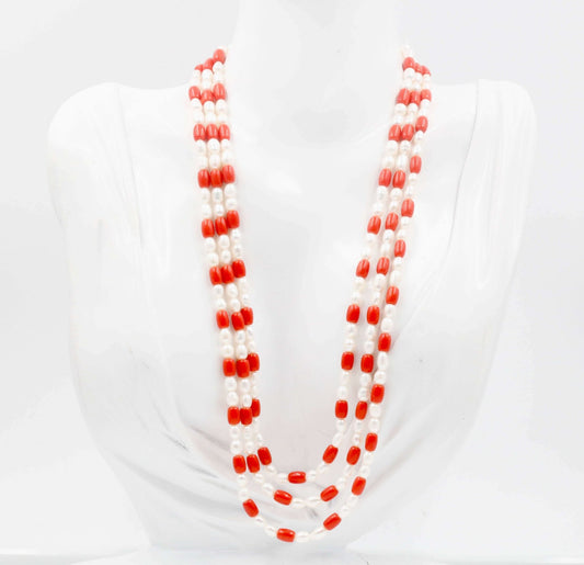 Coral and Cultured Pearl Beaded Necklace - Taj Mahal Gems