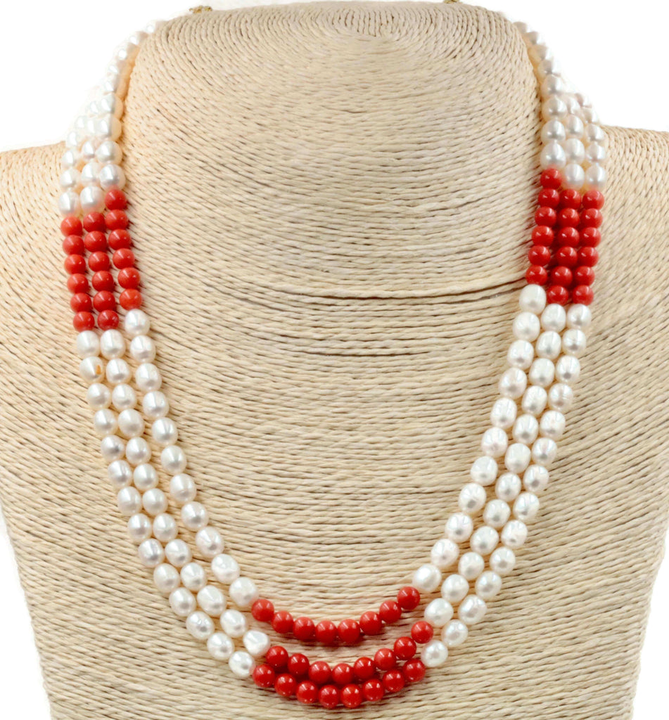 Fresh Water White Pearl & Italian Red Coral Indian Necklace