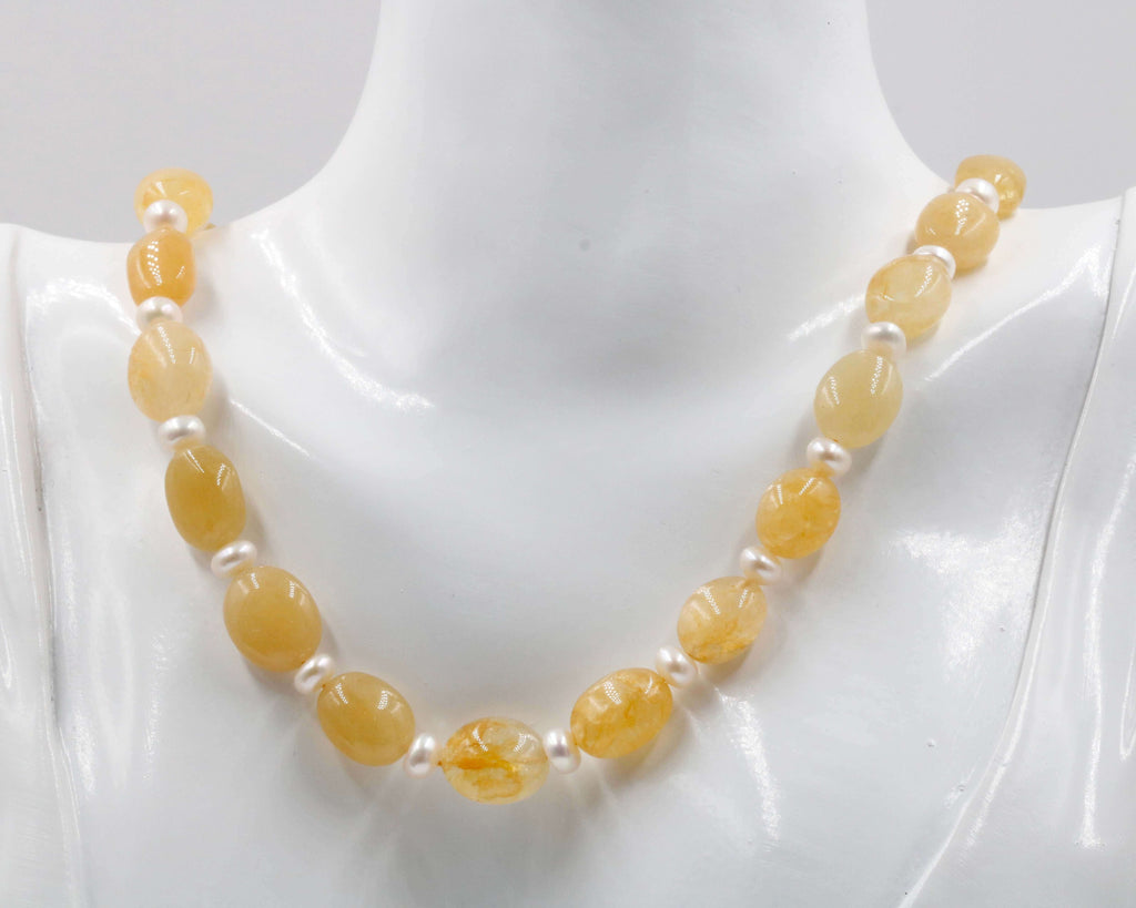Yellow Sapphire & Pearl Necklace - Birthday Present for September Birthday