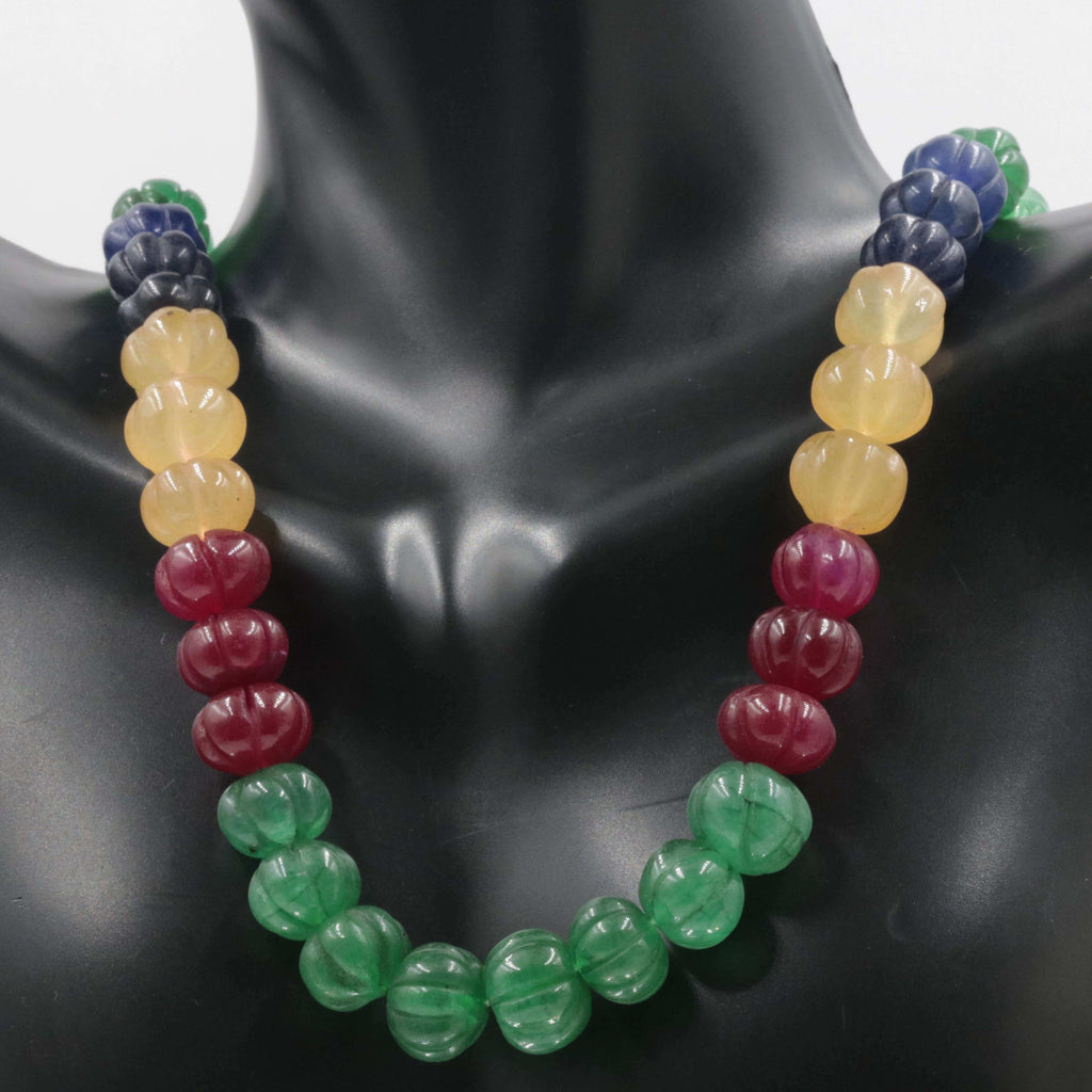 Natural Emerald, Ruby & Orange Quartz Necklace with Pumpkin Shaped Beads