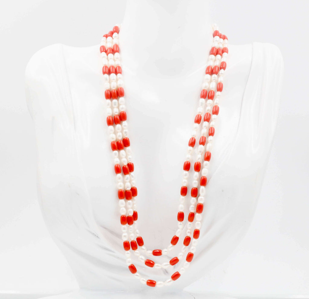 Hand Crafted Orange Coral & Pearl Beads Necklace