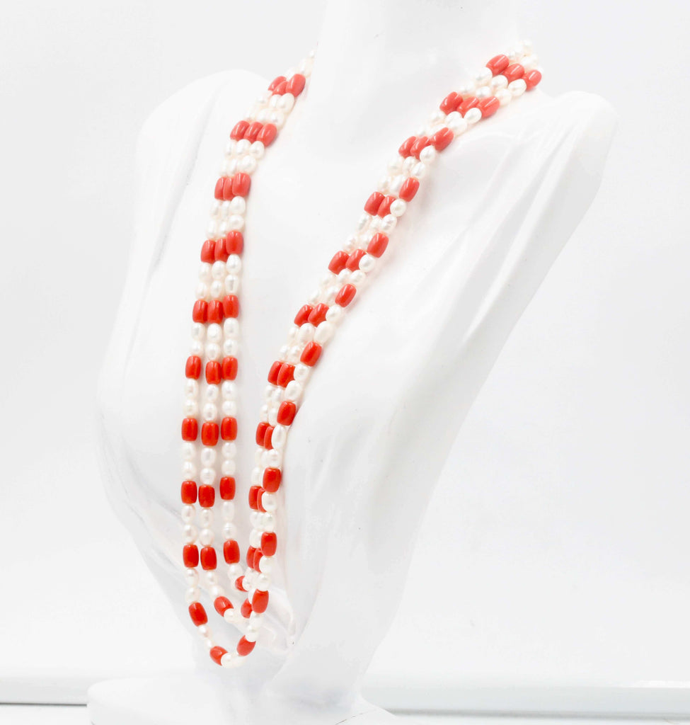 Handmade Orange Coral & Pearl Beads Long Necklace