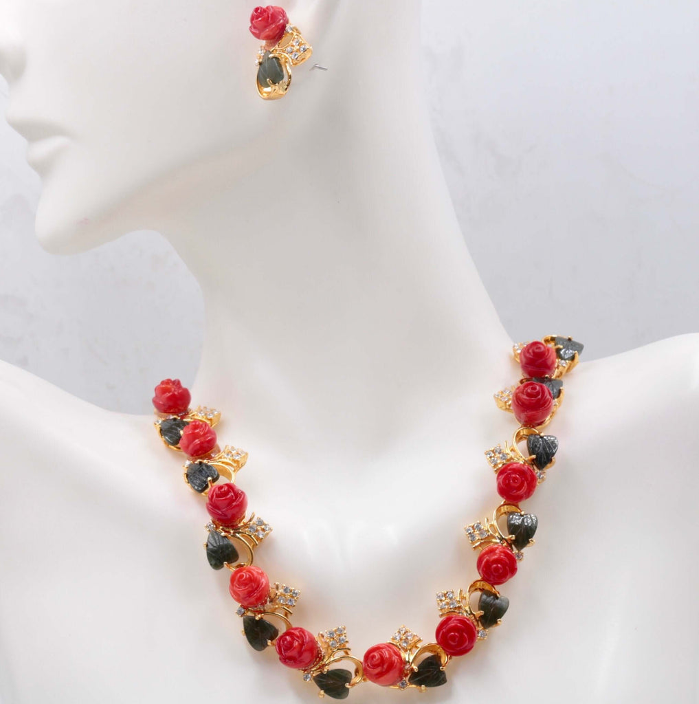 Jewelry Set for Bridesmaid: Red Coral Earring & Necklace