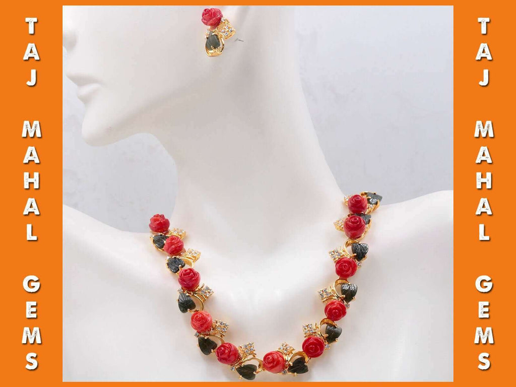 Red Coral Jewelry Set: Earring & Necklace Handmade Set