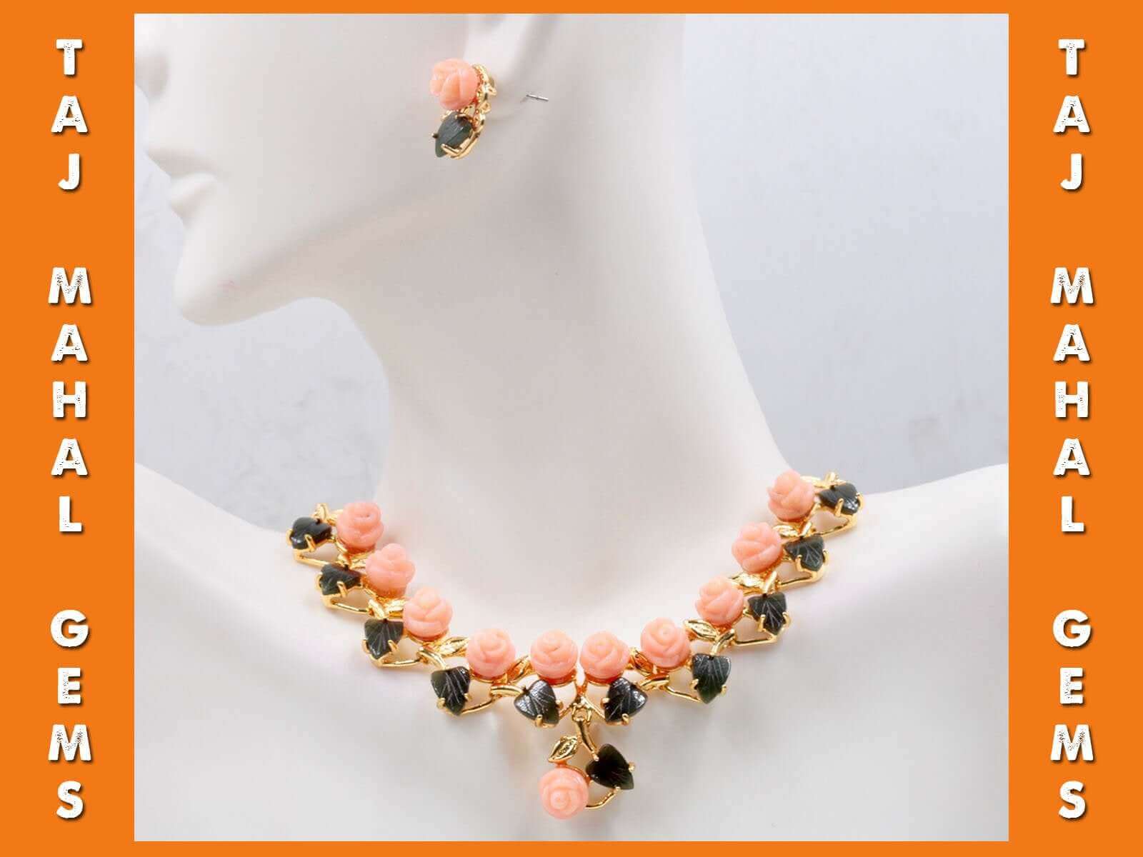Floral Motif Carved Coral Necklace Yellow Gold
