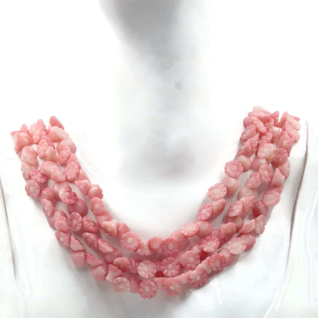 Natural Pink Coral Necklace with Rose Craved Beads