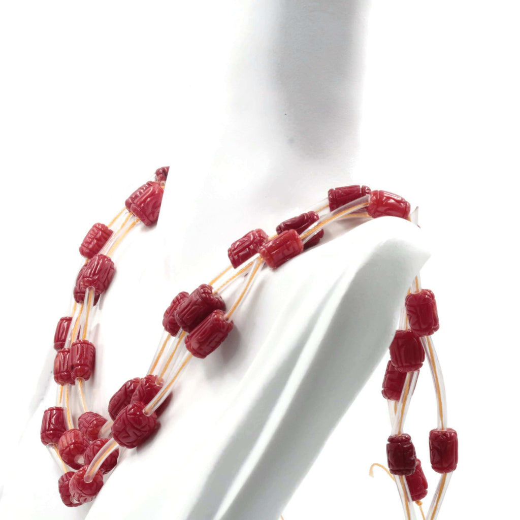Red Coral Beads Necklace: Barrel Carved Charm