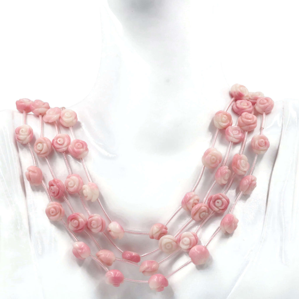 Natural Bi-color Pink & White Necklace with Rose Craved Bead