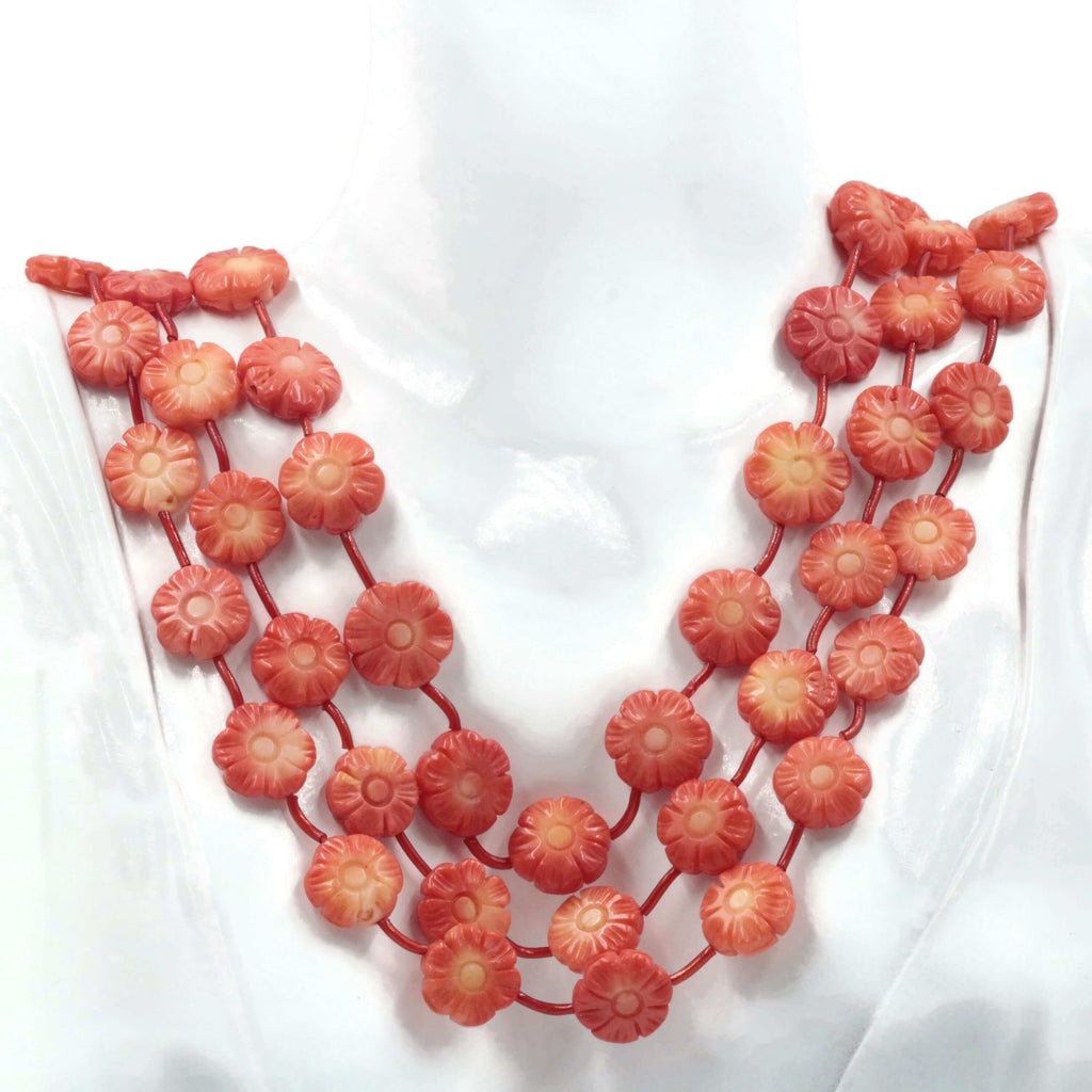 Natural Italian Coral Necklace with Flower Shaped Beads