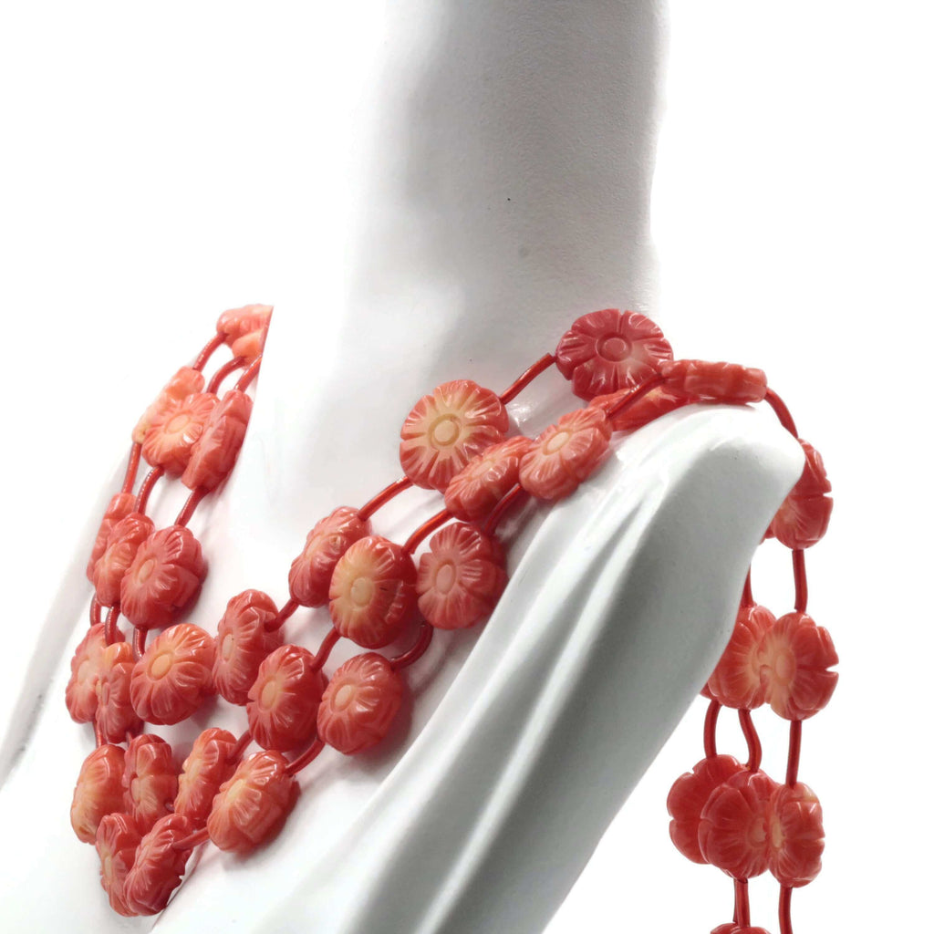 Natural Orange Italian Coral Necklace with Flower Shaped Beads