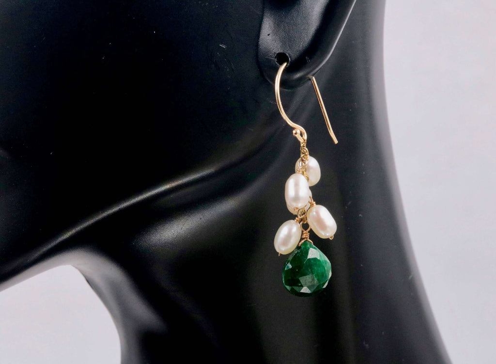 14K Gold Drop Earring with Pearl & Emerald