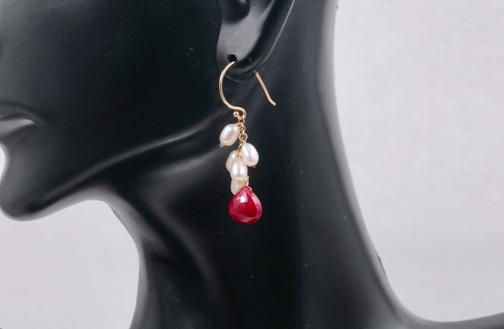 Faceted Gemstone Ruby and Pearl Earrings