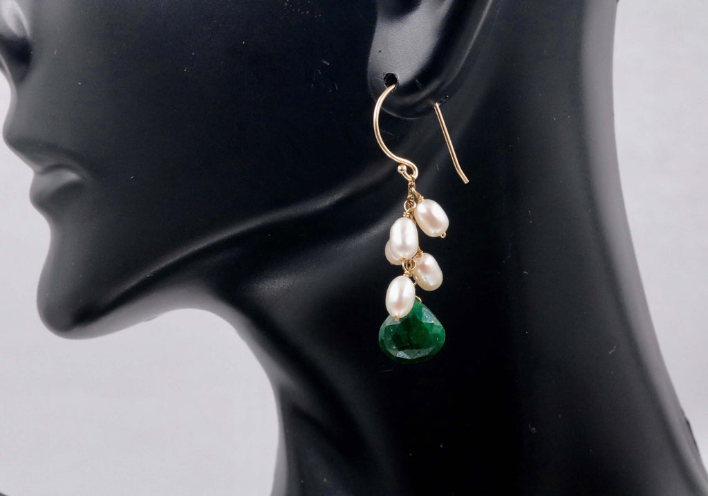 Pearl Earring with Emerald & 14K Gold