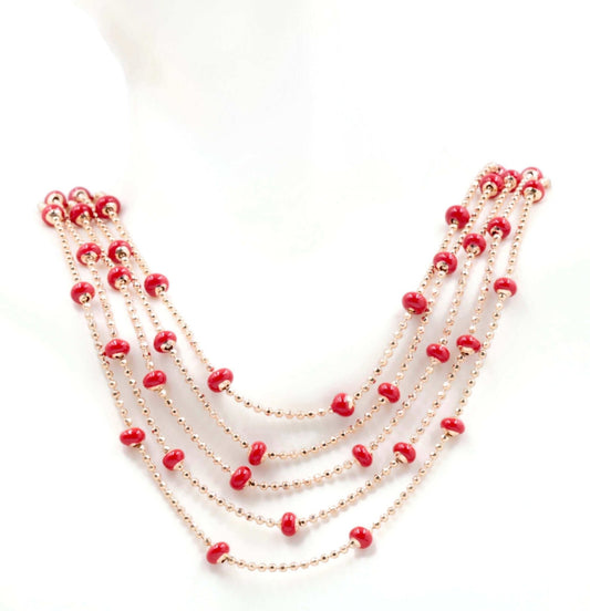 Rose Gold Beaded Chain Necklace with Red Coral - Taj Mahal Gems